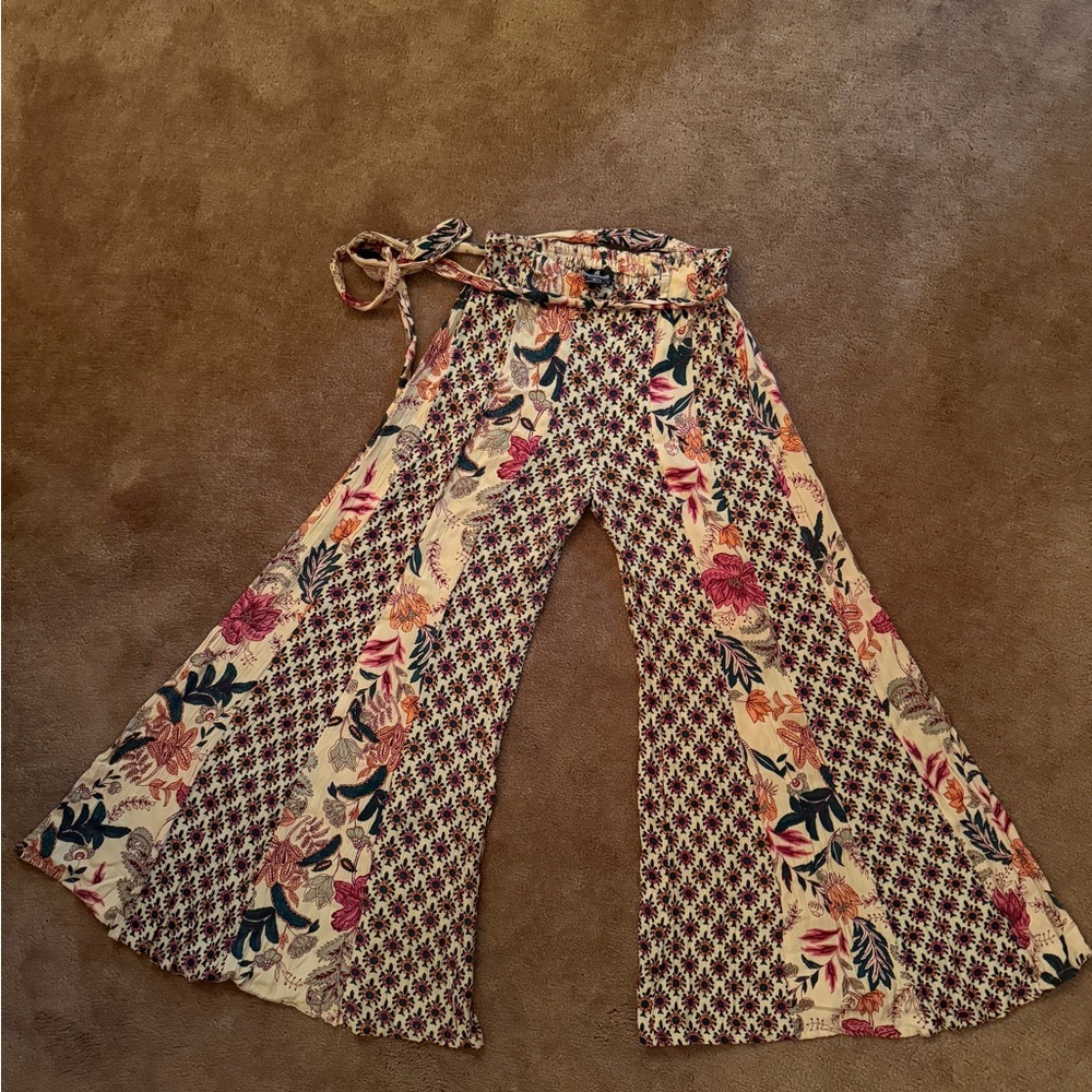 Angie Floral Wide-Leg Pants - Cream, Burgundy, Teal, Orange size S